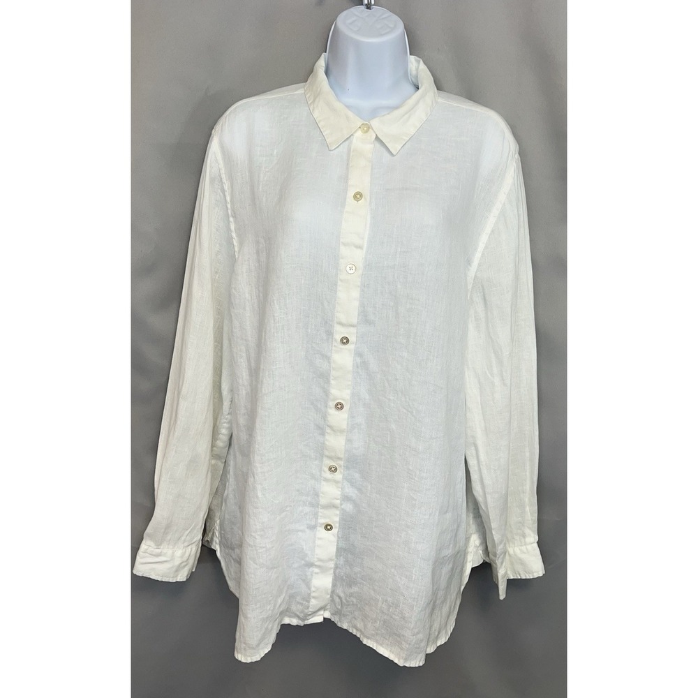 J Jill Love Linen Top‎ Women's XL White  100% Linen Woven Lagenlook Button Up